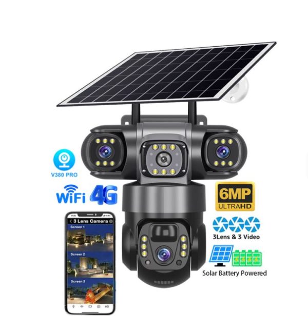 Solar Light 4G (Simcard) V380 Triple Lens Three Screens Camera Solar Powered - (PIR Human Detection,Colored Night Vision, All Weatherproof, Security Video IP Camara 4mp Battery CCTV Monitor) Solar Light 4G (Simcard) V380 Triple Lens Three Screens Camera Solar Powered - (PIR Human Detection,Colored Night Vision, All Weatherproof, Security Video IP Camara 4mp Battery CCTV Monitor)