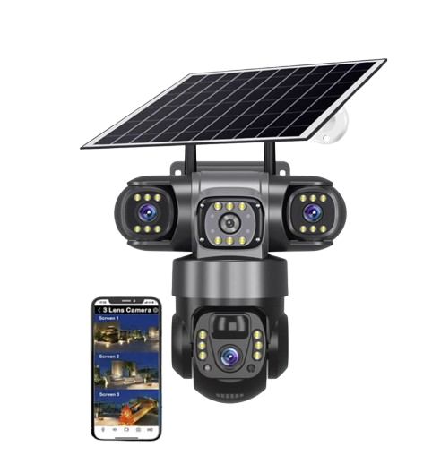 CCTV Solar Light 4G (Simcard) V380 Triple Lens Three Screens Camera Solar Powered - (PIR Human Detection,Colored Night Vision, All Weatherproof, Security Video IP Camara 4mp Battery CCTV Monitor)
