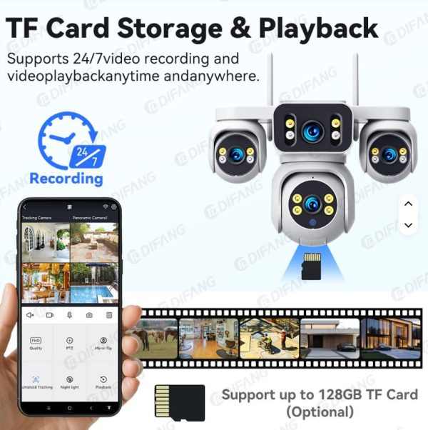 dhdsk PTZ Dome 4 Lenses Camera HD 20MP 4G IP Outdoor Security CCTV PIR Human Detection Solar Battery Network Built-in Siren Camera