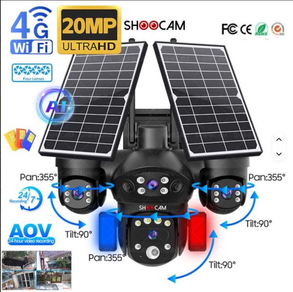 Hieasy Aov 24h Real Time Video 4lens 20mp 10k 4g Solar Camera Outdoor Ip66 Ptz 360 Cctv Ip Camera Wireless Security Camera