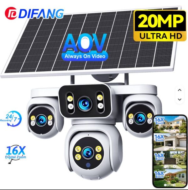 hehf PTZ Dome 4 Lenses Camera HD 20MP 4G IP Outdoor Security CCTV PIR Human Detection Solar Battery Network Built-in Siren Camera