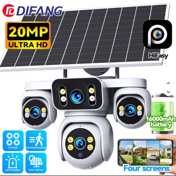 wfhowfhwe PTZ Dome 4 Lenses Camera HD 20MP 4G IP Outdoor Security CCTV PIR Human Detection Solar Battery Network Built-in Siren Camera
