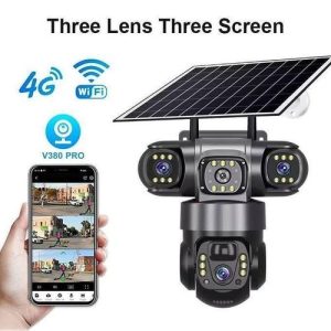 Solar Light V380 Pro 3 Lens 3 Views Wireless Cctv Camera 4G Security Camera PIR Humanoid Detection Solar Power PTZ Night Vision Zoom Camera