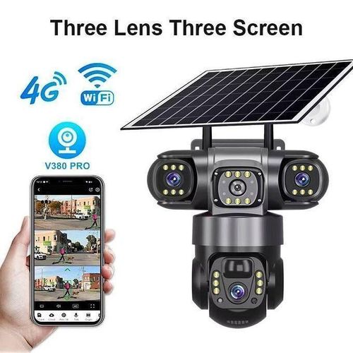 Solar Light Intelligence 4G (Simcard) V380 Triple Lens Three Screens Camera Solar Powered - (PIR Human Detection,Colored Night Vision, All Weatherproof, Security Video IP Camara 4mp Battery CCTV Monitor)