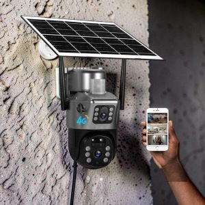 Human Movement Detection PIR Sensor Alarm Monitoring 12MP 4G PTZ Rotating Dual Lens Solar Camera
