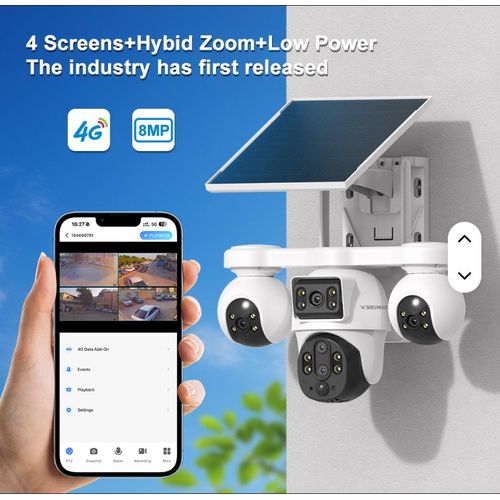 Intelligence SIMCARD Outdoor 4-Lens 3-PTZ Solar Camera, 4-Image Wide View, Dual Solar Ports, Adjustable Angle, Durable Premium Housing for Global Use BP19 DL 4 Lens Solar Outdoor Camera Pan-Tilt Function Wide Angle Night Vision