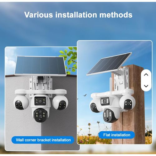 Intelligence SIMCARD Outdoor 4-Lens 3-PTZ Solar Camera, 4-Image Wide View, Dual Solar Ports, Adjustable Angle, Durable Premium Housing for Global Use BP19 DL 4 Lens Solar Outdoor Camera Pan-Tilt Function Wide Angle Night Vision