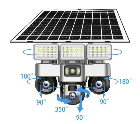 Share this product    Solar Light Battery Powered 3 Cameras Super PTZ Wide Angle V380 Pro Tripple Lenses Outdoor Solar Camera 4G Sim Card Night Vision With Motion