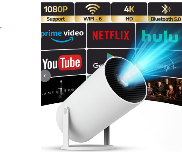 1. Using WIFI6 technology, it has a faster transmission rate and lower transmission delay than 5G, achieving second-level screen synchronization. Built-in BT5.0 chip, it can connect to various Bluetooth devices such as Bluetooth speakers and headphones to achieve Hi-Fi sound transmission. 2. Multiple interfaces: HY-300 smart projector has HD-MI, USB and audio ports, which can be connected to PC, laptop, Fire Stick, TV box, Xbox, PS5, U disk, DVD, etc. 3. Supports connecting to Android or ios phones for screen mirroring. The projector base has a 180-degree rotating bracket 4. Automatic keystone correction: Built-in high-precision sensor, which can automatically calibrate the four corners of the projection surface. At the same time, the focus wheel on the front of the projector can adjust the focus to obtain the clearest image possible. 5. Native 720P, support 4K: The projector has a native resolution of 1280 x 720, a brightness of 120 ANSI lumens, supports full 4K high-definition video, and can present clear and bright images in dark environments, making it ideal for home theater, entertainment and video Conferences, online teaching. Parameter: 1. CPU: Allwinner h713 quad-core Arm Cortex-A53 2. GPU: Mali-G31 supports OpenGL ES3.2, Vulkan 1.1 and OpenCL 2.0 3. Resolution: 1280 x 720p, built-in 5W hifi speaker 4. Lumens: 120 lumens 5. Projection size: 40-200 inches 6. System: Android 11 system 7. Support: wifi6 2.4g/5.8g dual wifi ieee802.a/b/g/n/ac /ax wifi6 signal is stronger) supports BT2.0 8. Image format: jpg, bmp, png, support image scaling 9. Full format decoding of video files: including hevc/vp9/avs2/avc 4k 60fps and mpeg/av1 1080p/60fps decoding, etc. 10. Throw ratio: 1:0.9  