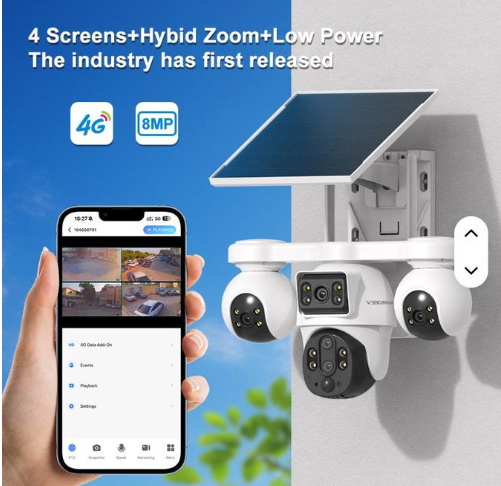 Intelligence 4G Outdoor 4-Lens 3-PTZ Solar Camera, 4-Image Wide View, Dual Solar Ports, Adjustable Angle, Durable Premium Housing for Global Use BP19 DL 4 Lens Solar Outdoor Camera Pan-Tilt Function Wide Angle Night Vision