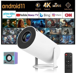 Key specifications Operating System: Android 11.0. Native resolution: 1280 × 720p (supports 1080p/4K decoding”) Brightness: about 120 ANSI lumens in some specs. Contrast ratio: ~1500:1. Throw ratio: approx 1.37 (in one spec sheet) and projection distance ~1.2-4 m. Max screen size: up to ~130″ in dark conditions. MyTrendyPhone+1 Built-in speaker: 1 × 3 W speaker. Connectivity: 2.4G/5G WiFi (dual band) and Bluetooth ( BT4.1, BT5.0) Other: manual focus, some automatic keystone correction mentioned.