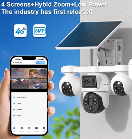 Share this product Intelligence 4G Quad Lens SIMCARD Outdoor 4-Lens 3-PTZ Solar Camera, 4-Image Wide View, Dual Solar Ports, Adjustable Angle, Durable Premium Housing for Global Use BP19 DL 4 Lens Solar Outdoor Camera Pan-Tilt Function Wide Angle Night Vision