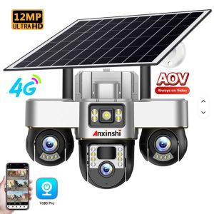 Outdoor V380Pro Motion Detection Alarm 12MP 3 Lens 3 PTZ Three Screen Ai 4G Wifi Solar Battery Powered Home Security CCTV Camera