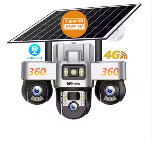 Outdoor V380Pro Motion Detection Alarm 12MP 3 Lens 3 PTZ Three Screen Ai 4G Wifi Solar Battery Powered Home Security CCTV Camera