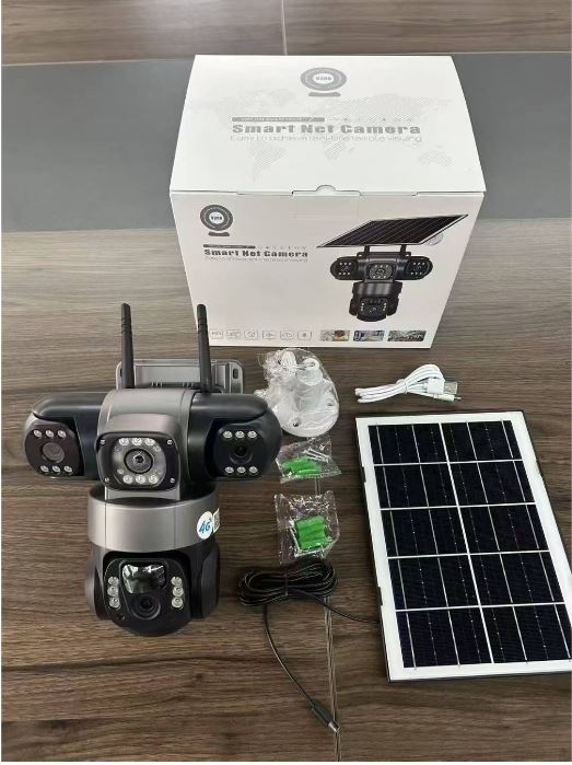 Solar Light 4G (Simcard) V380 Triple Lens Three Screens Camera Solar Powered - (PIR Human Detection,Colored Night Vision, All Weatherproof, Security Video IP Camara 4mp Battery CCTV Monitor)