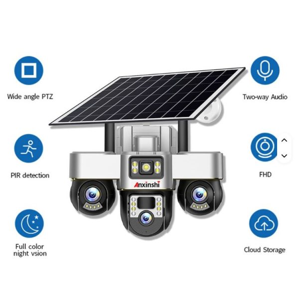 Outdoor V380Pro Motion Detection Alarm 12MP 3 Lens 3 PTZ Three Screen Ai 4G Wifi Solar Battery Powered Home Security CCTV Camera