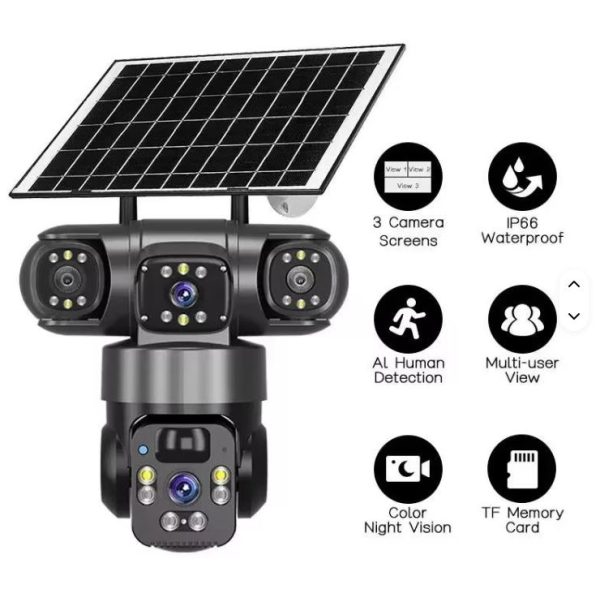 Solar Light 4G (Simcard) V380 Triple Lens Three Screens Camera Solar Powered - (PIR Human Detection,Colored Night Vision, All Weatherproof, Security Video IP Camara 4mp Battery CCTV Monitor)