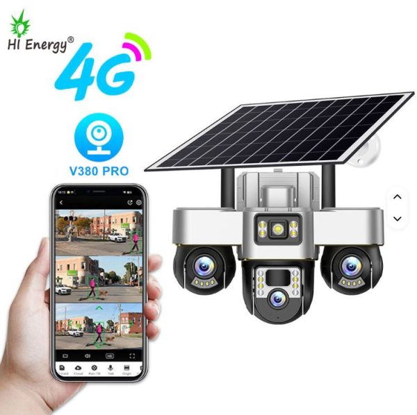 Outdoor V380Pro Motion Detection Alarm 12MP 3 Lens 3 PTZ Three Screen Ai 4G Wifi Solar Battery Powered Home Security CCTV Camera