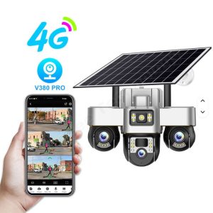 Outdoor V380Pro Motion Detection Alarm 12MP 3 Lens 3 PTZ Three Screen Ai 4G Wifi Solar Battery Powered Home Security CCTV Camera
