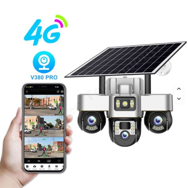 Outdoor V380Pro Motion Detection Alarm 12MP 3 Lens 3 PTZ Three Screen Ai 4G Wifi Solar Battery Powered Home Security CCTV Camera