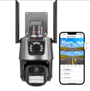 jhjff Key Features • 4G SIM standalone security camera • Dual lens with smooth pan and tilt rotation • AI human detection and auto tracking • Full color night vision with infrared LEDs • Two-way audio communication • Alarm warning light and audio alerts • IP66 waterproof and dustproof housing • Supports cloud storage and TF card • Remote monitoring via mobile app • Indoor and outdoor security surveillance