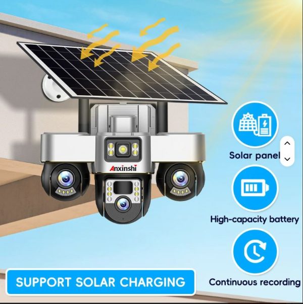 Outdoor V380Pro Motion Detection Alarm 12MP 3 Lens 3 PTZ Three Screen Ai 4G Wifi Solar Battery Powered Home Security CCTV Camera