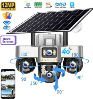 Outdoor V380Pro Motion Detection Alarm 12MP 3 Lens 3 PTZ Three Screen Ai 4G Wifi Solar Battery Powered Home Security CCTV Camera