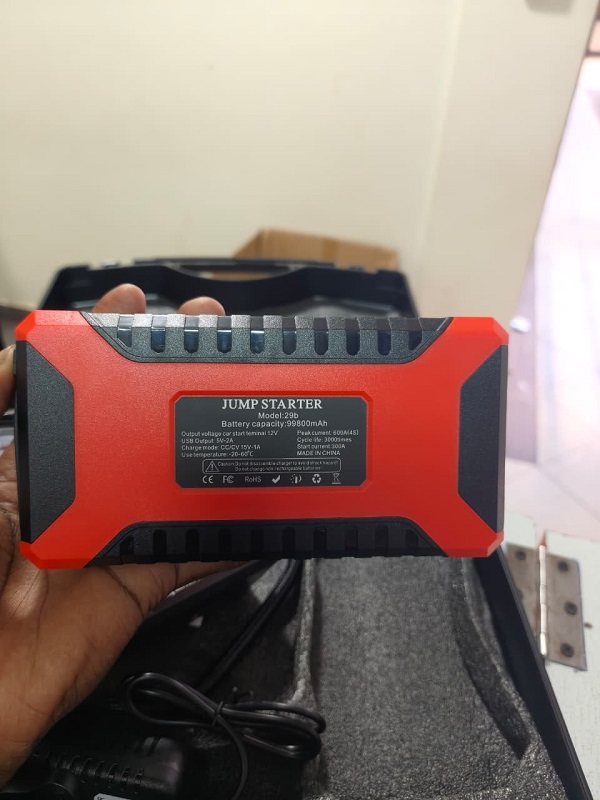 99800mAh Jump Starter Kit with Compressor, Jump Cables, Power Bank, 4 USB Ports, LED Lights, Chargers and Compass for Roadside Use