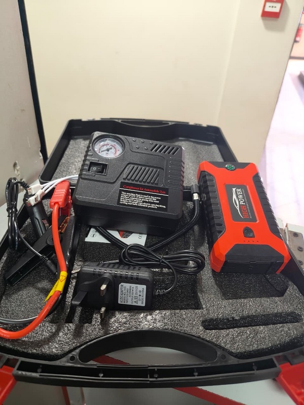 99800mAh Jump Starter Kit with Compressor, Jump Cables, Power Bank, 4 USB Ports, LED Lights, Chargers and Compass for Roadside Use